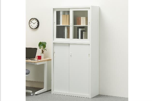 中型 ガラスキャビネット 　✳引き取り限定 ニトリ スチールキャビネット W90×D40×H185 上ガラス 引戸 ホワイト