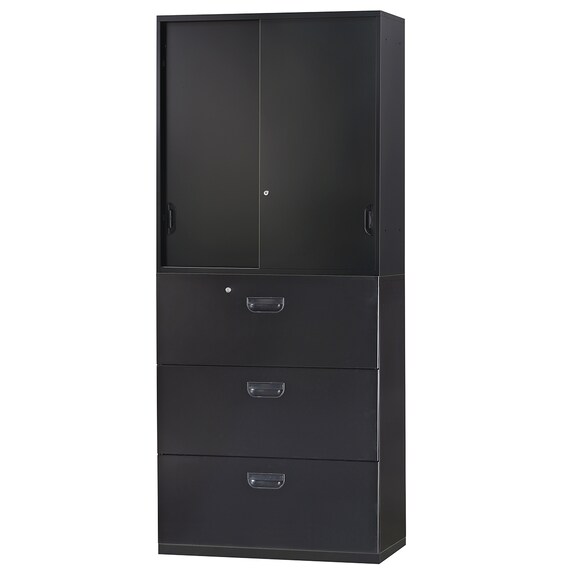 スチール書庫(上引き戸・下引出し3段 HOS-X BK) 1枚目画像