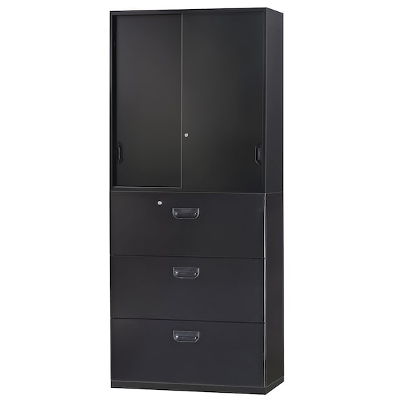 スチール書庫(上引き戸・下引出し3段 HOS-X BK) 1枚目画像