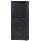 スチール書庫(上ガラス引き戸・下引出し3段 HOS-X BK) 1枚目画像