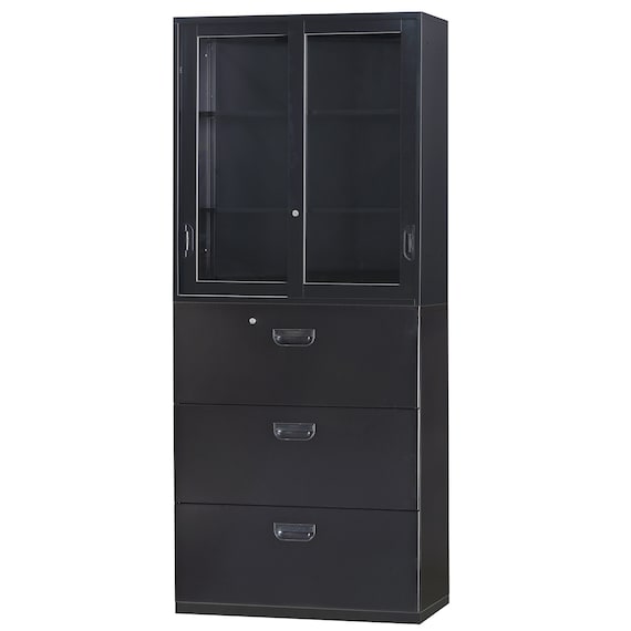 スチール書庫(上ガラス引き戸・下引出し3段 HOS-X BK) 1枚目画像