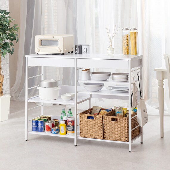 スライド棚付きキッチンカウンター (幅120cm 木目柄WH) 1枚目画像