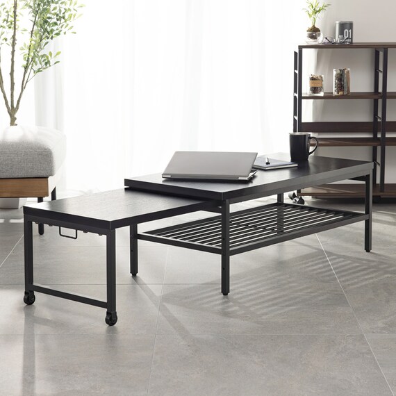 無段階で調整できる伸縮ローテーブル (幅90-171.5cm ブラック) 1枚目画像