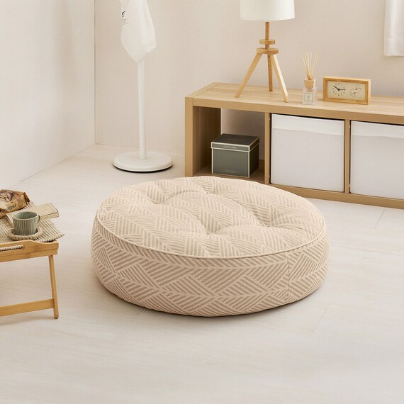 インド綿の円形フロアソファ オットマン 布張りタイプ (ホワイト) 1枚目画像