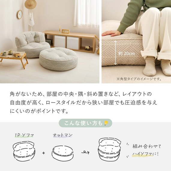 インド綿の円形フロアソファ オットマン 布張りタイプ (ホワイト) 9枚目画像