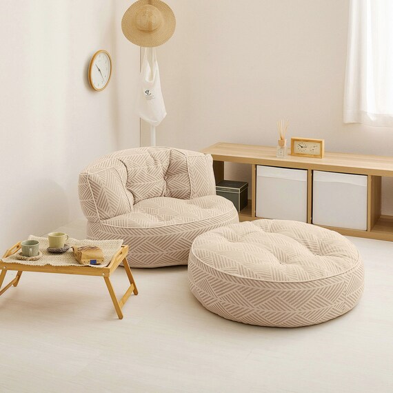 インド綿の円形フロアソファ 2点セット 布張りタイプ (ホワイト) 1枚目画像