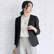 【N+商品】麻調ストレッチノーカラージャケット　(13113)
