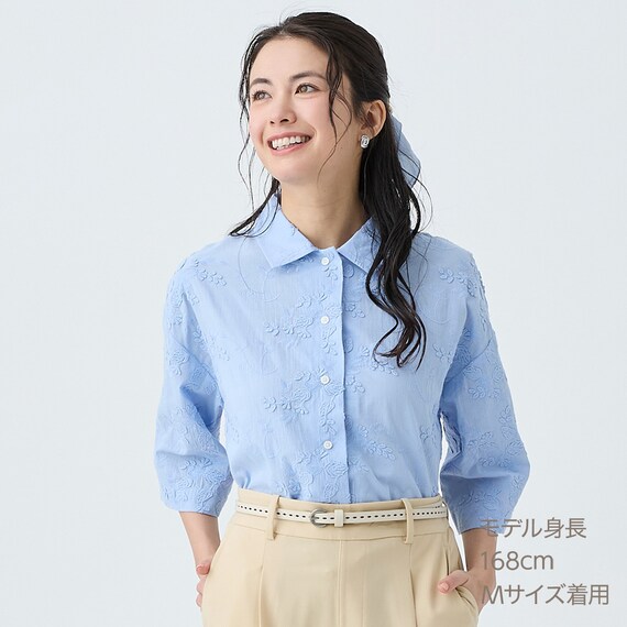 ３Ｄ刺繍綿ローン５分袖シャツ　(55106) 5枚目画像