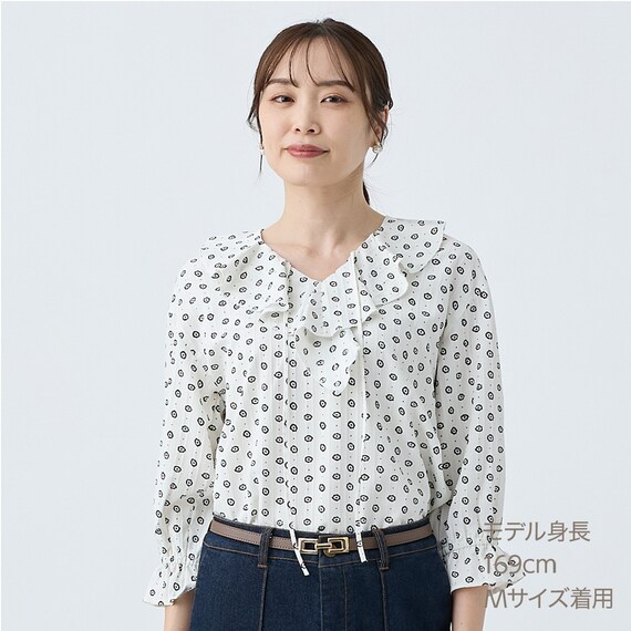 小紋柄ラッフル襟ブラウス　(55107) 1枚目画像