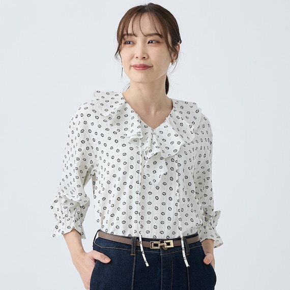 小紋柄ラッフル襟ブラウス (55107) 3枚目画像