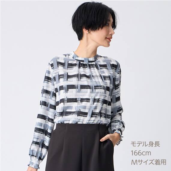 かすりチェック柄プチハイネックブラウス　(55116) 1枚目画像