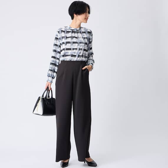 かすりチェック柄プチハイネックブラウス (55116) 2枚目画像