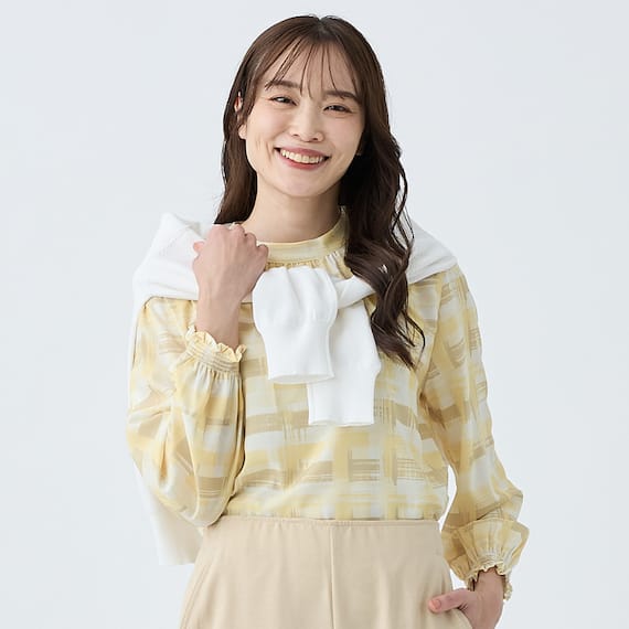 かすりチェック柄プチハイネックブラウス (55116) 9枚目画像