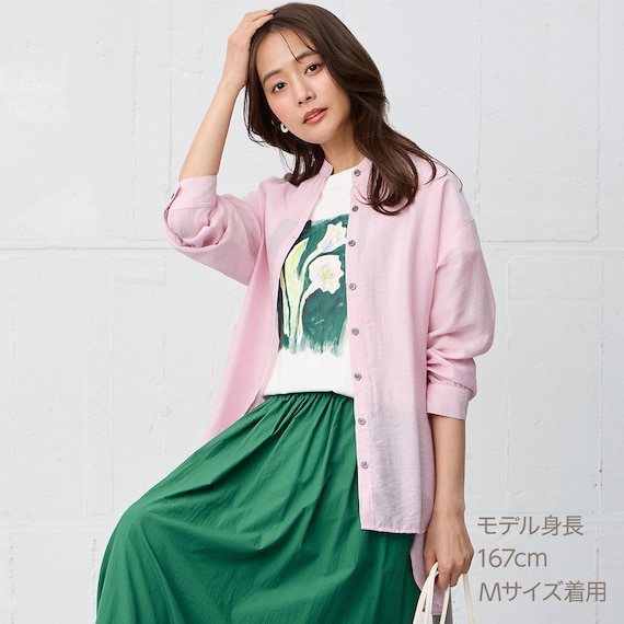 麻混バンドカラーチュニックシャツ (55121) 1枚目画像