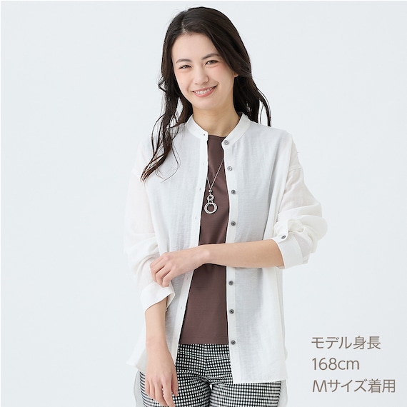 麻混バンドカラーチュニックシャツ (55121) 10枚目画像