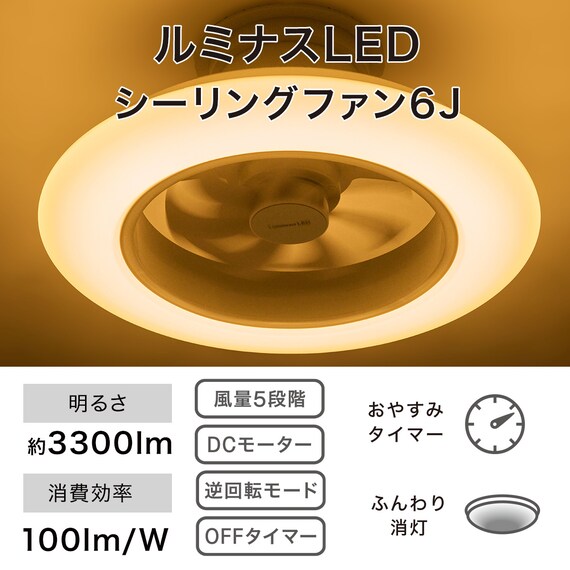ルミナスLEDライト付きシーリングファン 6J 3枚目画像