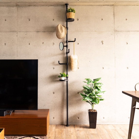 【簡単】ワンタッチ式 突っ張りポールハンガー トレー&ミラー付きセット(ブラック) 1枚目画像