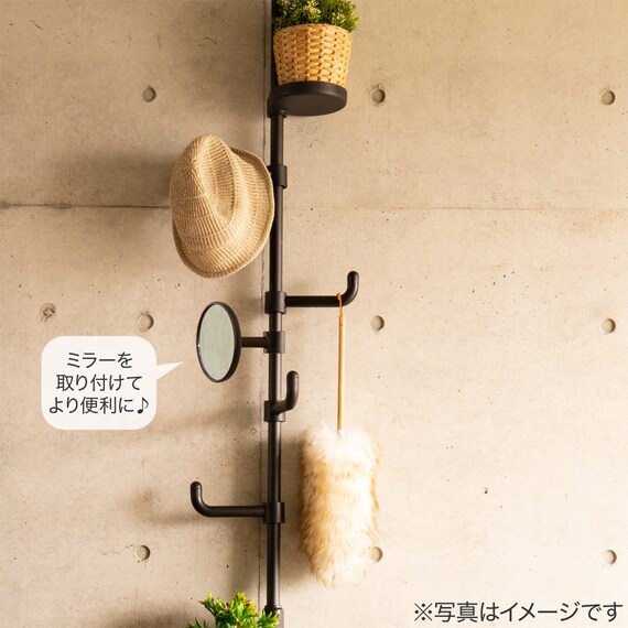 【簡単】ワンタッチ式 突っ張りポールハンガー トレー＆ミラー付きセット(ブラック) 2枚目画像