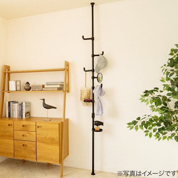 【簡単】ワンタッチ式 突っ張りポールハンガー トレー＆ミラー付きセット(ブラック) 3枚目画像