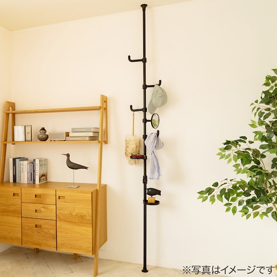 【簡単】ワンタッチ式 突っ張りポールハンガー トレー&ミラー付きセット(ブラック) 3枚目画像