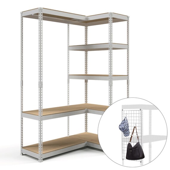 【METAL & WOOD】高耐荷重 ハンガーラック 幅81cm×シェルフ5段 幅81cm 連結セット(ホワイト/メッシュボード付き) 1枚目画像