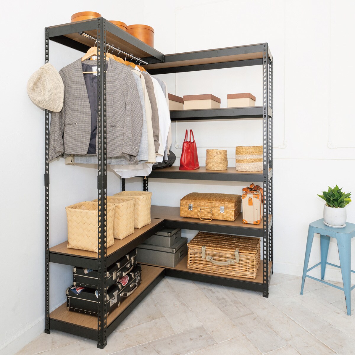 METAL & WOOD】高耐荷重 ハンガーラック 幅81cm×シェルフ5段 幅121cm