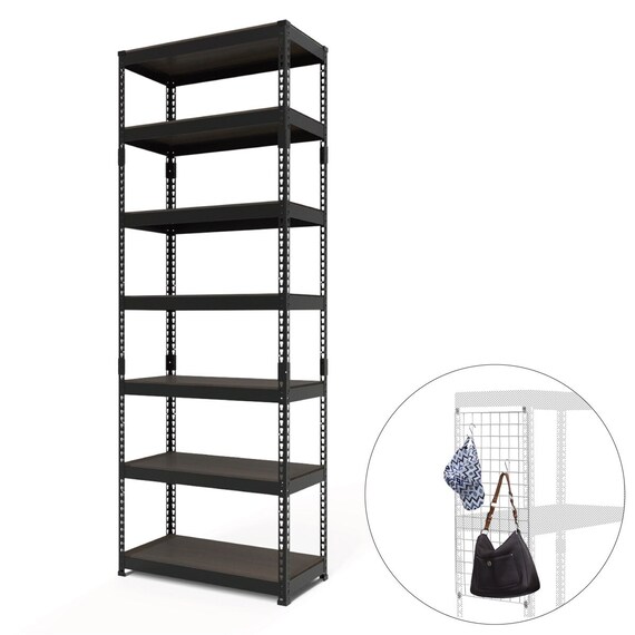 【METAL & WOOD】高耐荷重 シェルフ7段 幅81cm(ブラック/メッシュボード付き) 1枚目画像
