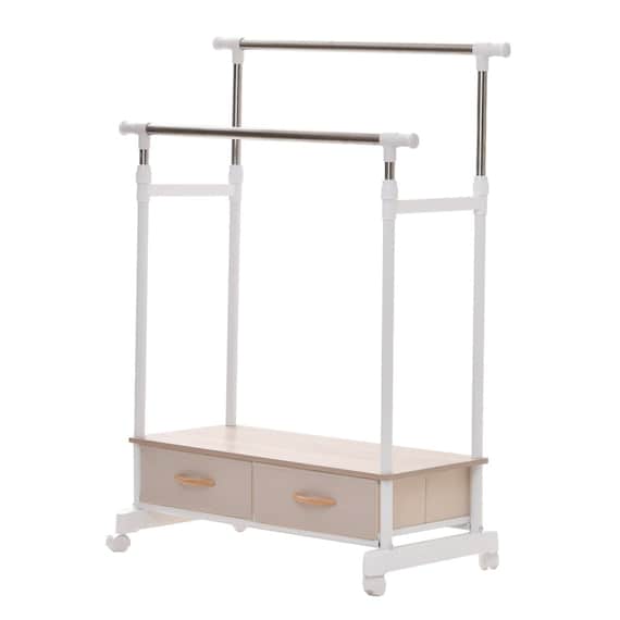 高さ・幅が調節できるハンガーラック 引き出し2個付き(ホワイト) 1枚目画像