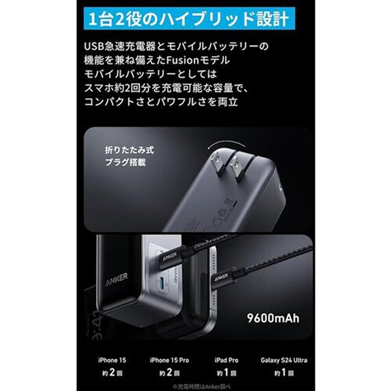 Anker Prime Power Bank (9600mAh, 65W, Fusion) ブラック 4枚目画像