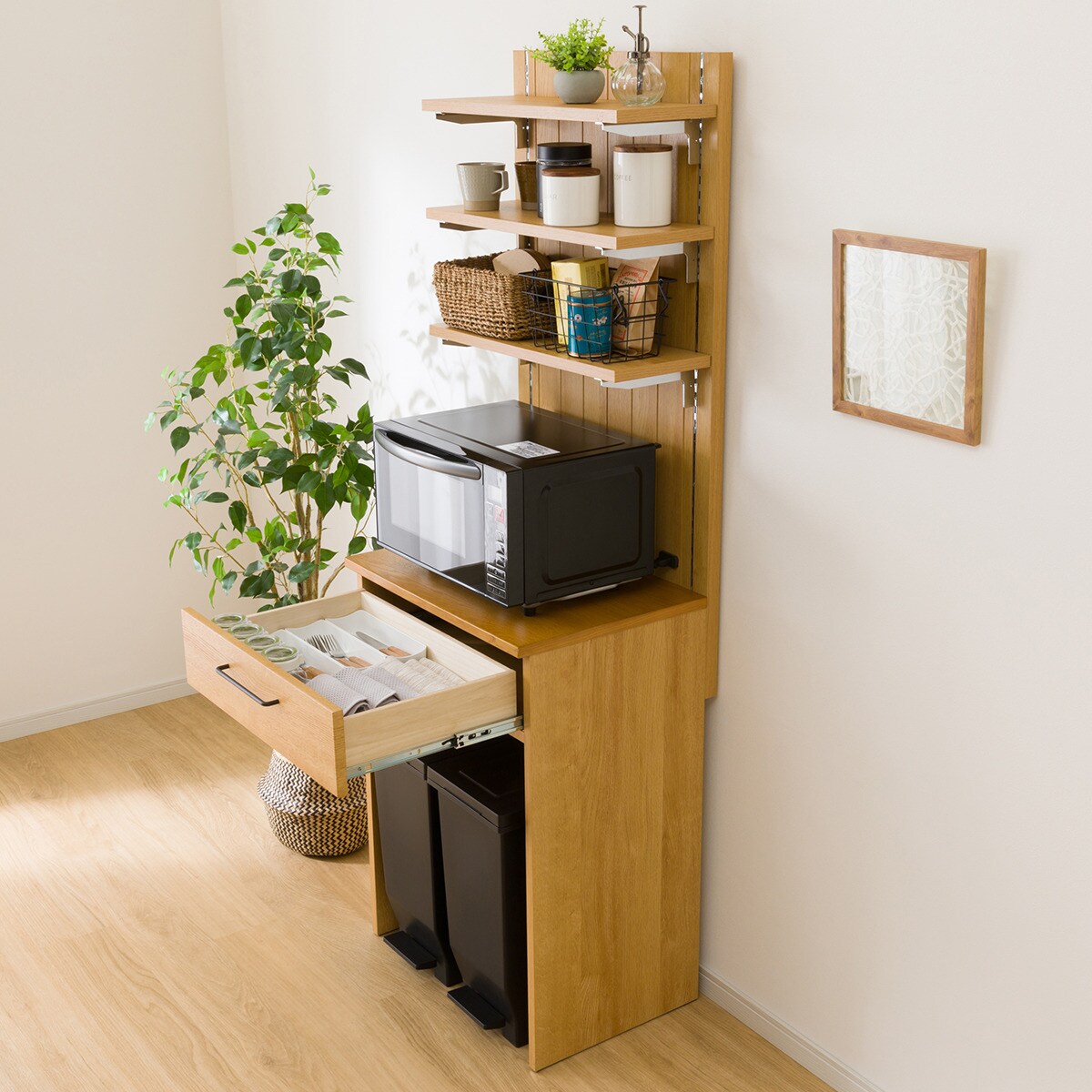 ニトリ製　レンジボード　食器棚+細長棚 ニトリ 幅60 レンジボード(ブレットN 60J LBR) レンジ台 レンジボード