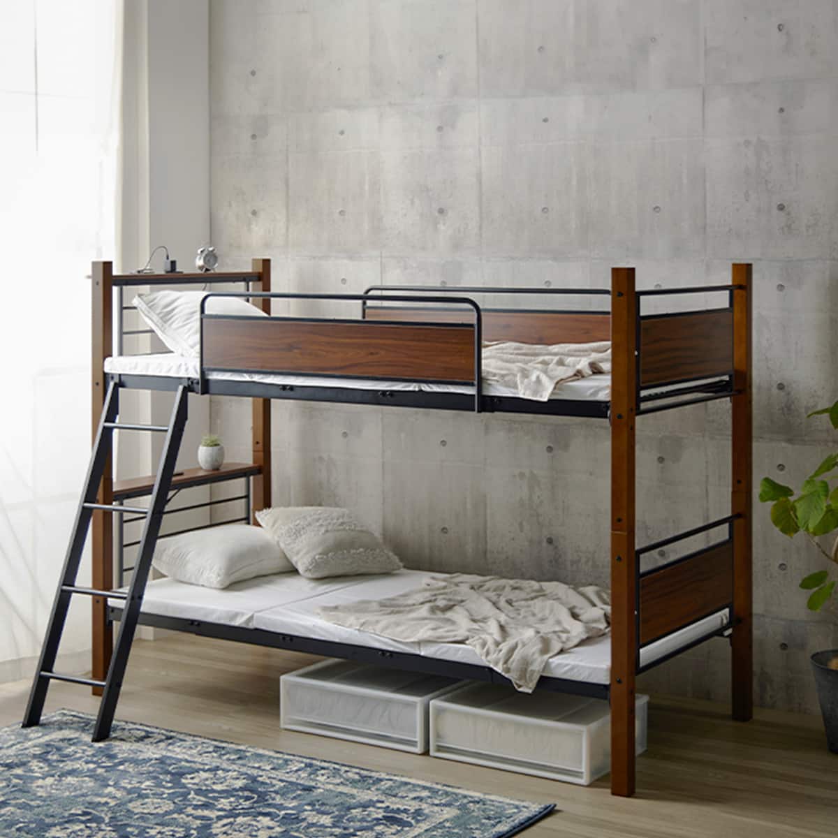 頑丈ウッドスチール2段ベッド (IW ブラック / ブラウン) | ニトリ