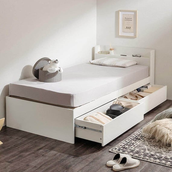 シングル 棚コンセント付きチェストベッドフレーム (SCL 浅引出しタイプ ホワイト) 1枚目画像