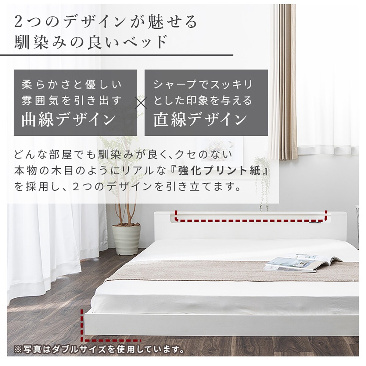 ダブル 棚・照明・コンセント付きフロアベッドフレーム (ORO BK