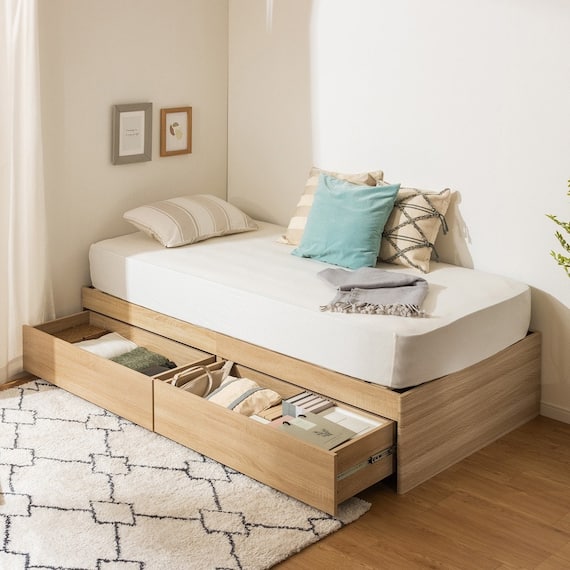 シングル ヘッドレスチェストベッドフレーム (MDN ナチュラル) 1枚目画像