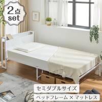 棚付きパイプベッド(ZHO セミダブル 大理石調ホワイト)+ボンネルマットレス(ROM SD グレー)セット