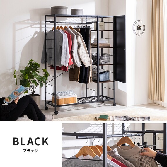 ミラー＆収納付きハンガーラック (PUF BK) 16枚目画像