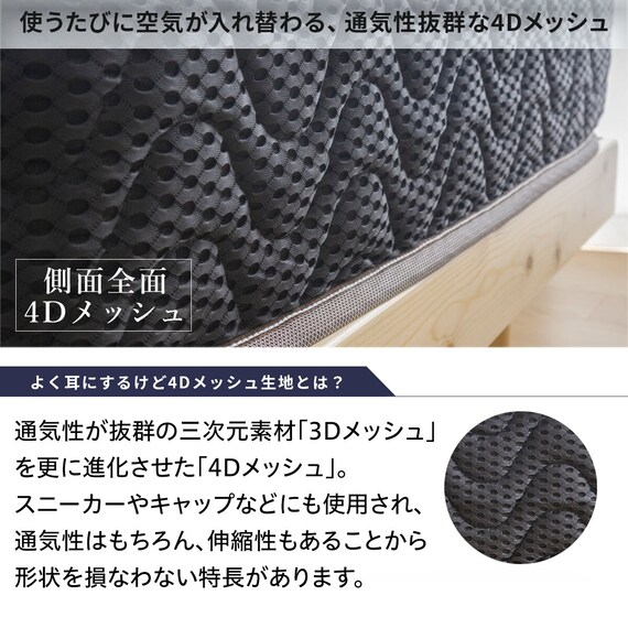 セミシングル幅80cm 脚付きすのこベッドとマットレスセット (SRN2 ホワイト / RRS ポケットコイル) 22枚目画像