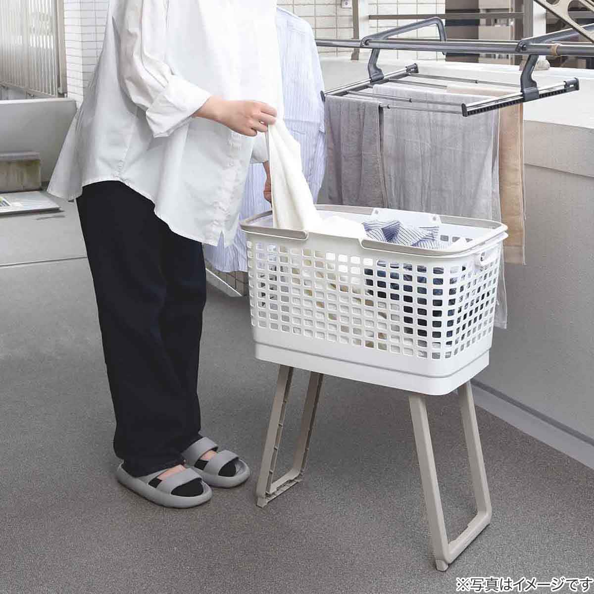 もっと腰楽ランドリーバスケット ワイド 収納式スタンド付き