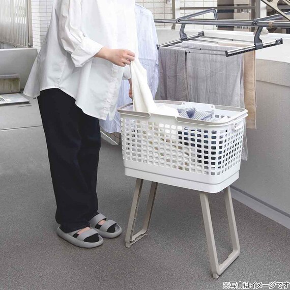 もっと腰楽ランドリーバスケット ワイド 収納式スタンド付き (アイボリー) 4枚目画像