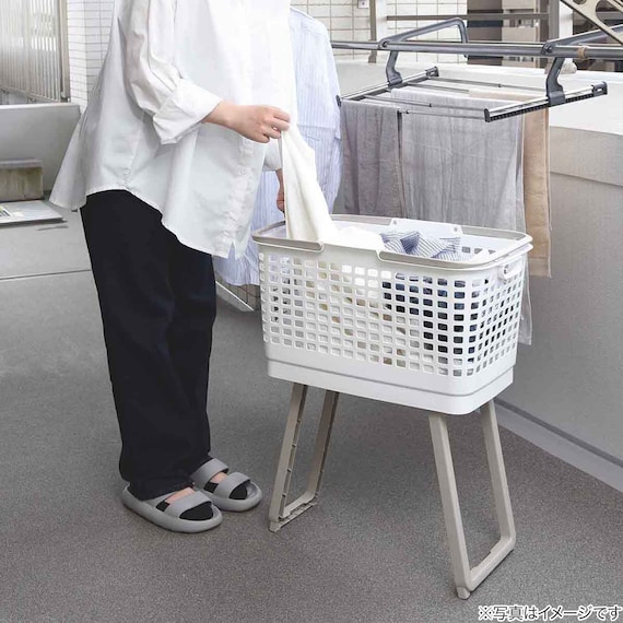 もっと腰楽ランドリーバスケット ワイド 収納式スタンド付き (アイボリー) 4枚目画像