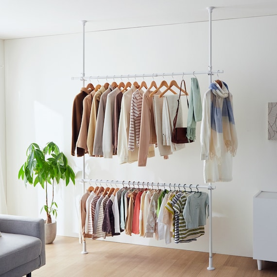 つっぱり 2段 ハンガーラック ワイド(ホワイト) 1枚目画像