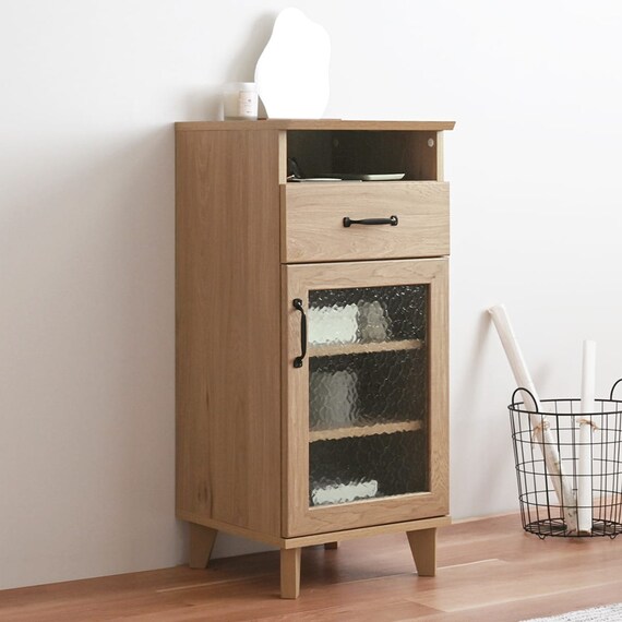 石目調ガラスの北欧風スリムキャビネット (幅40cm GN) 1枚目画像