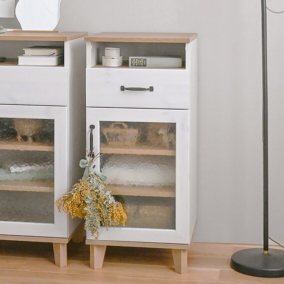 石目調ガラスの北欧風スリムキャビネット (幅40cm WW/GN) 2枚目画像