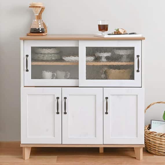 石目調ガラスの北欧風キッチンカウンター (幅90cm WW/GN) 1枚目画像