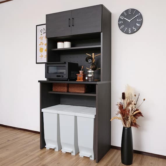 ゴミ箱も収まるシンプルキッチン収納 (ブラック) 1枚目画像