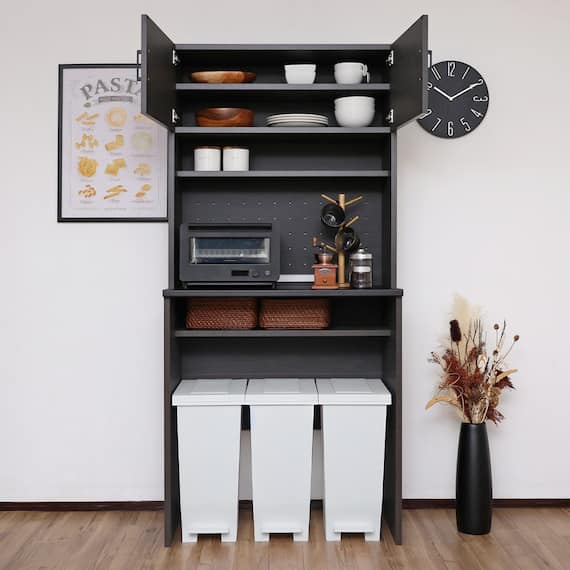 ゴミ箱も収まるシンプルキッチン収納 (ブラック) 2枚目画像