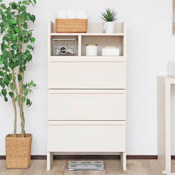 スリム設計のモダンキャビネット 引き出し+オープン (高さ120cm WH木目) 1枚目画像