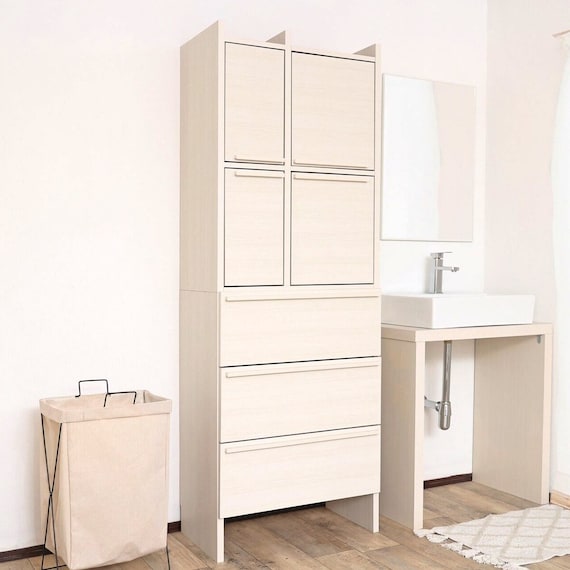 スリム設計のモダンキャビネット 引き出し3段 (高さ180cm WH木目) 1枚目画像