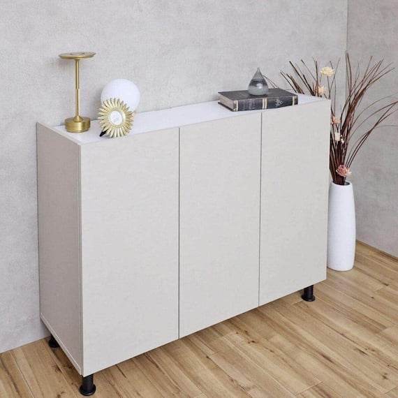 塗り壁調モダンキャビネット (3枚扉 幅105cm OWH/WH) 1枚目画像