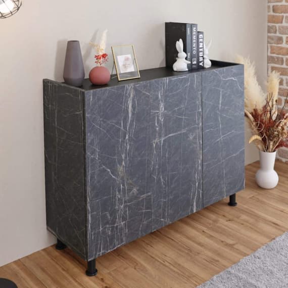 石目柄キャビネット (幅105cm ストーンブラック) 1枚目画像